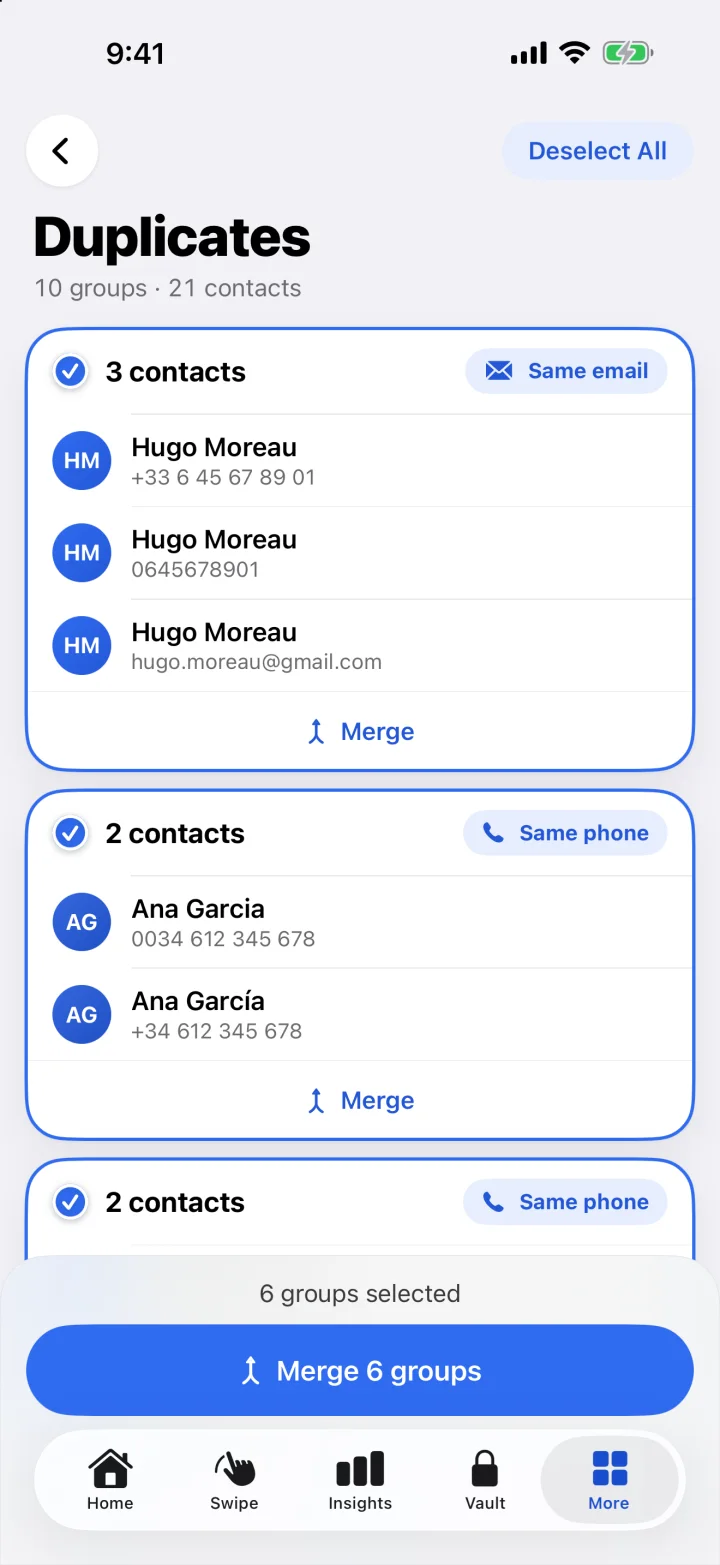 Groups of duplicate contacts to merge