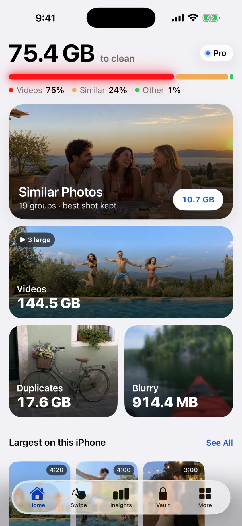 Actual Cleanloft screen: storage to clean, similar photos and large videos. Demo data.